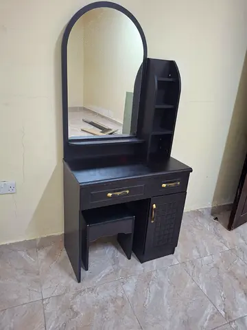 Dark Wood Dressing Table with Mirror, Stool and Side Shelves
