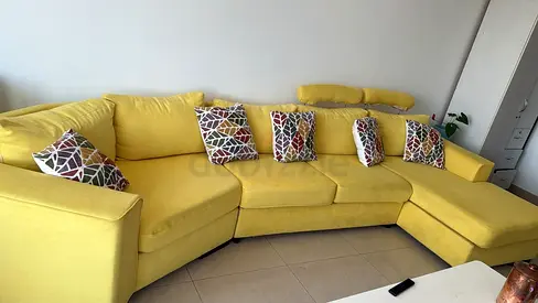 Large Yellow L-Shaped Corner Sofa with Cushions