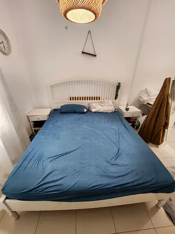 Ikea White wooden king bed frame with slatted headboard - good condition
