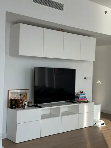 white modular TV console with wall cabinets Ikea