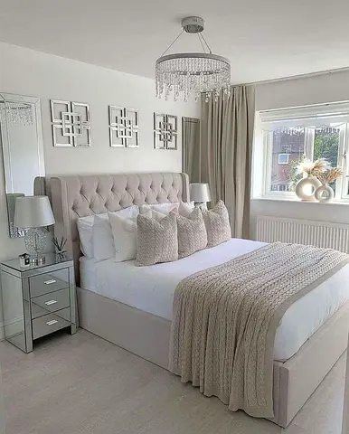 Beige Upholstered King Bed with Tufted Headboard