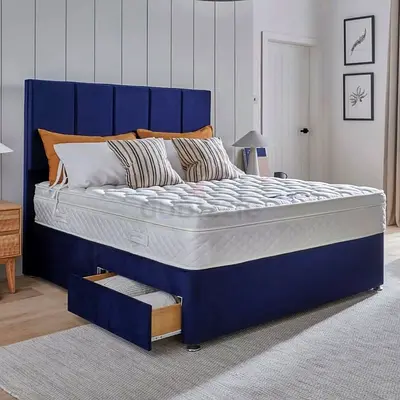 Queen size upholstered storage bed with mattress - navy blue