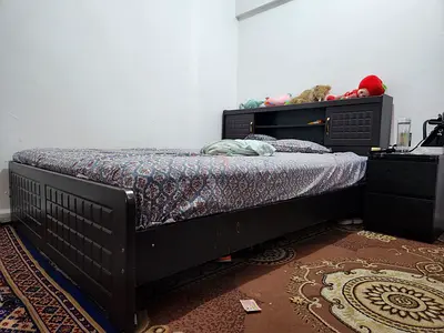 Queen size wooden bed frame with headboard and storage - dark finish