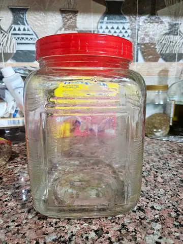 Used Large Glass Storage Jar with Red Lid
