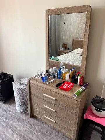 Bed, wooden dresser, office desk for sale