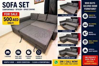 Grey L-shape 3-seater Sofa Set with Pull-Out Bed and Storage - Good Condition