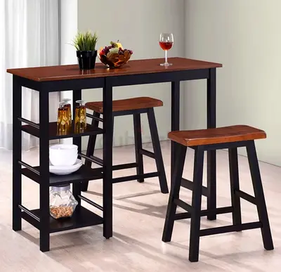 Wooden Bar Table with Two Stools - Compact Kitchen Island Set