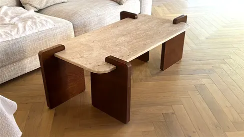 Vintage travertine top coffee table with wooden base - solid, stylish