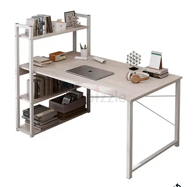 L-shaped study desk with built-in bookshelf – white oak finish