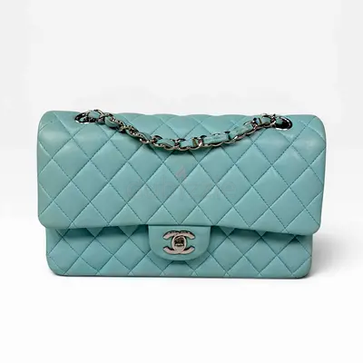 AUTHENTIC CHANEL MEDIUM DOUBLE CLASSIC FLAP LIGHT BLUE LAMBSKIN SILVER HARDWARE