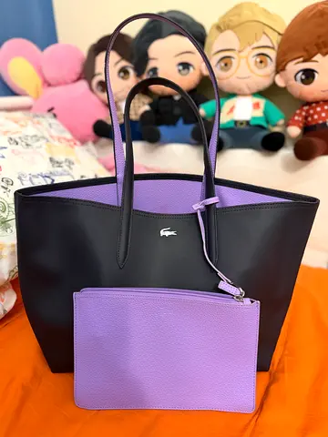 Lacoste two-tone reversible in blue  lavender tote bag with matching pouch