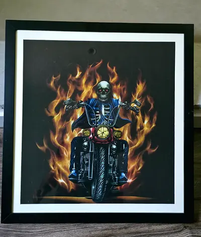 Framed Gothic Skull on Motorcycle Print with Flame Background , Size- 73x60 cms and 63x60 cms