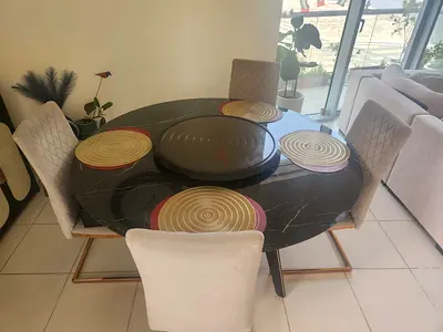 Round Black Marble Dining Table with 6 Upholstered Chairs