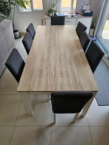 Modern Wooden Dining Table with 8 Fabric Chairs