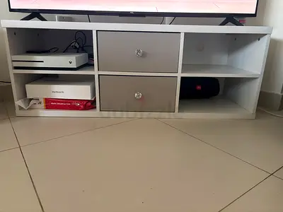 Low White TV Cabinet with Two Drawers and Open Shelves