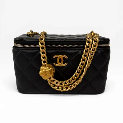 AUTHENTIC CHANEL QUILTED PEARL CRUSH MINI VANITY IN BLACK LAMBSKIN LEATHER WITH GOLD HARDWARE