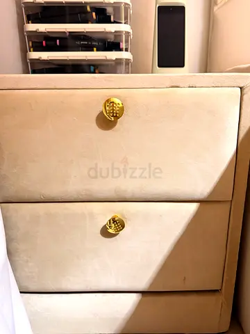 Beige Velvet 3-Drawer Bedside Chest with Gold Knobs