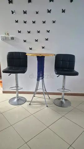 Modern Bar Table and Two Black Swivel Bar Stools