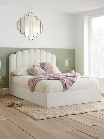 Upholstered Scalloped Headboard Double Bed - Cream, Good Condition