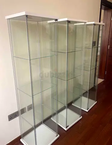 Set of 3 IKEA Tall Glass Display Cabinets with White Bases