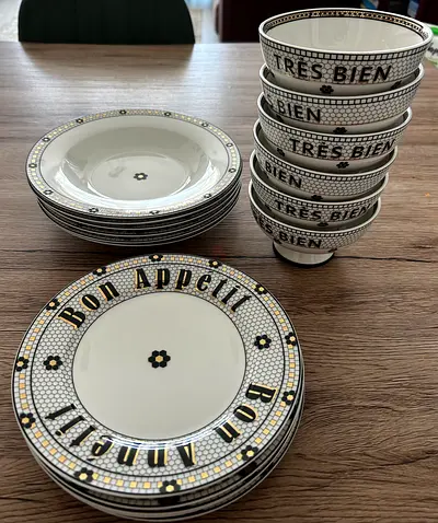 Set of 18 Bon Appetit Plates  Bowls — White with Black  Gold Trim