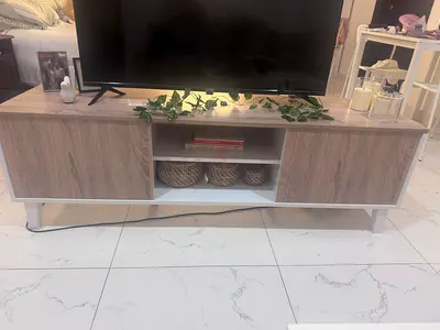 Modern Wooden TV Unit with Cabinets and Open Shelving