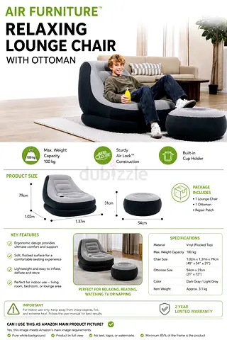 Inflatable Relaxing Lounge Chair with Ottoman (Air Furniture) - Like New