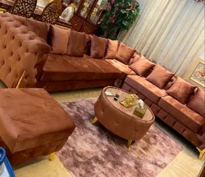 Large L-shaped dusty rose Sofa Set with two small carpets