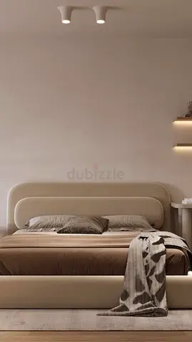Modern upholstered double bed with headboard - beige with mattress