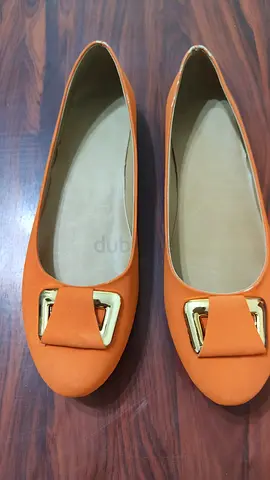Womens Orange Flat Shoes with Gold Buckle Detail