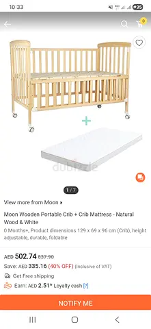 Moon Wooden Portable Baby Crib with Mattress - Natural  White