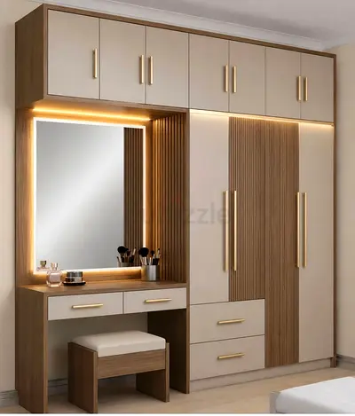 Modern built-in wardrobe with vanity, LED-lit dressing table