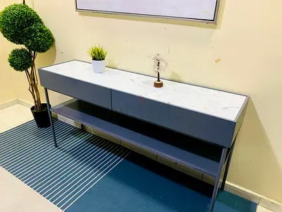 Modern Slim Console Table with Marble Top and Shelf