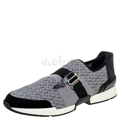Hermes Grey/Black Knit Fabric And Leather Buckle Run Sneakers Size 43.5