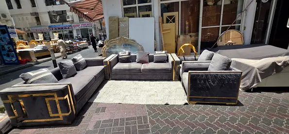 Large Grey Velvet L-Shaped Sofa Set with Matching Armchairs and Rug