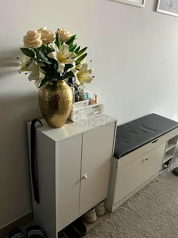 Shoe White hallway shoe cabinet with cushioned bench