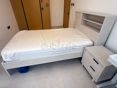 Modern Single bed frame with headboard storage and matching bedside table - light wood