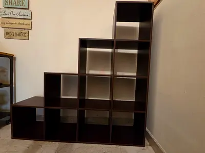 Dark brown multi-compartment shelving unit / bookcase - solid condition