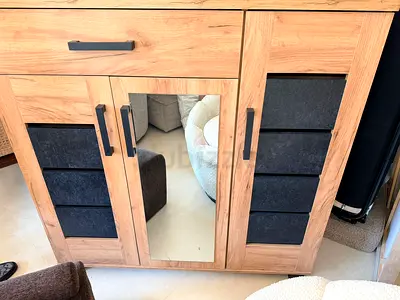 Wooden Sideboard Cabinet with Mirror and Black Panel Accents