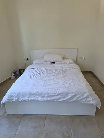 White platform double bed frame with headboard and mattress + desk + chair - good condition