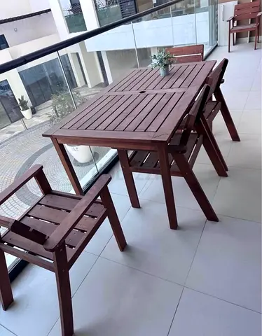 Solid Wood Outdoor Dining Table with 6 Chairs - Foldable Design