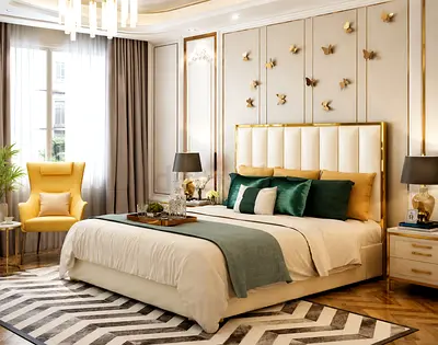 Modern upholstered king bed with padded headboard (cream  gold)