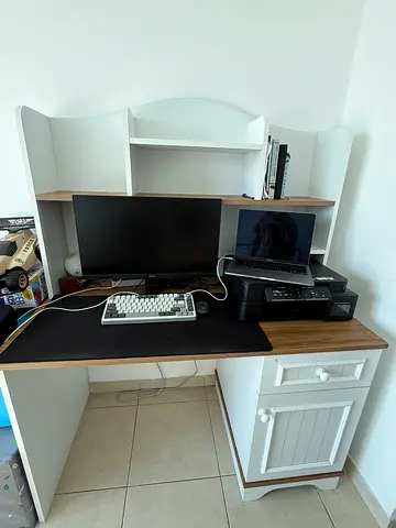 Modern White and Oak Study Desk with Built-in Shelves and Storage