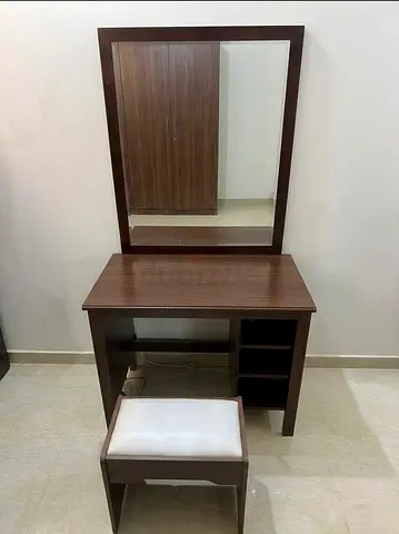 Wooden Dressing Table with Mirror and Padded Stool - Good Condition