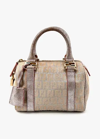 Authentic FENDI Mini Boston Bag Zucchino Canvas Leather Pink Beige Silver Purse