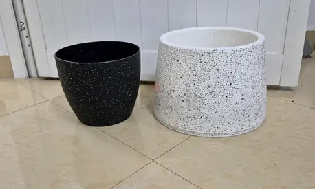 Reduced Price. Set of 2 Round Decorative Planters / Flower Pots (Black  White, Used) - Plastic