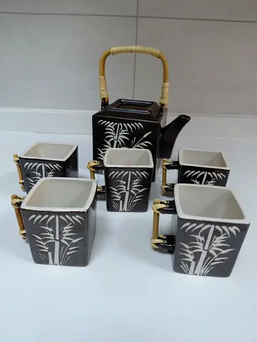 Ceramic Tea Set with Bamboo Handle - 6 Pieces