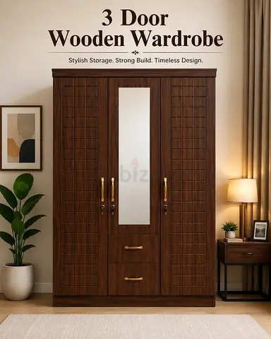 Modern 3 Door Wooden Wardrobe with Mirror – Bedroom Wardrobe with Drawers For UAE