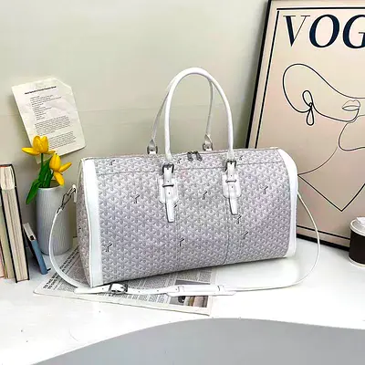Goyard Boston duffle bag, likely in a 45 or 50 size, featuring the iconic monogrammed coated canvas