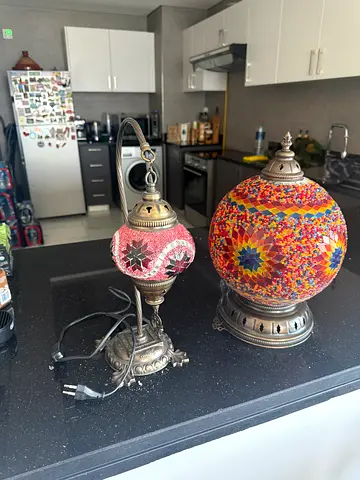 Pair of Turkish Mosaic Table Lamps - Colorful Glass Globe Lamps